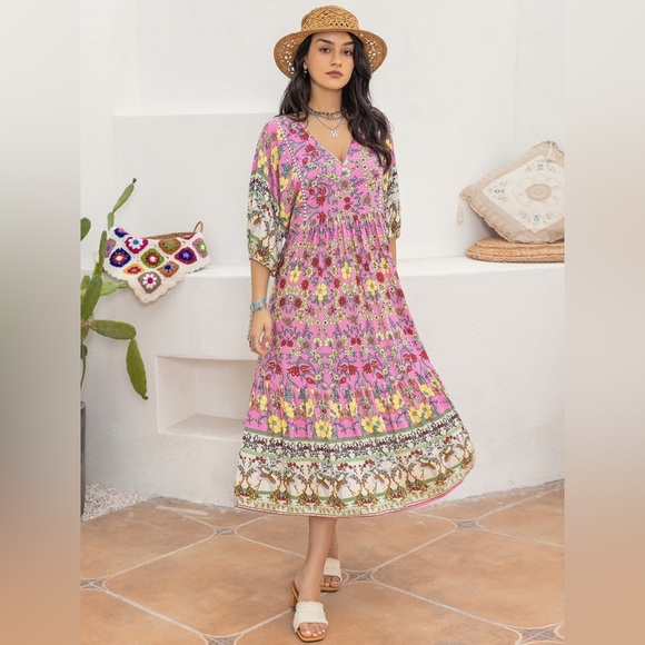 Carnation Pink Printed V-Neck Balloon Sleeve Dress - Picture 3 of 7